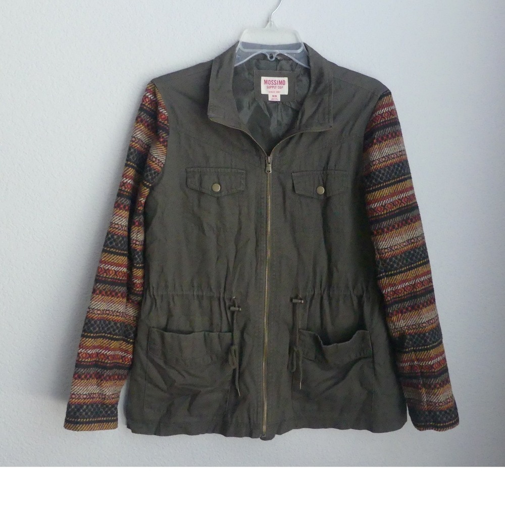 Mossimo Olive Green Utility Jacket Southwestern Knit Sleeves Sz M Cinch Side